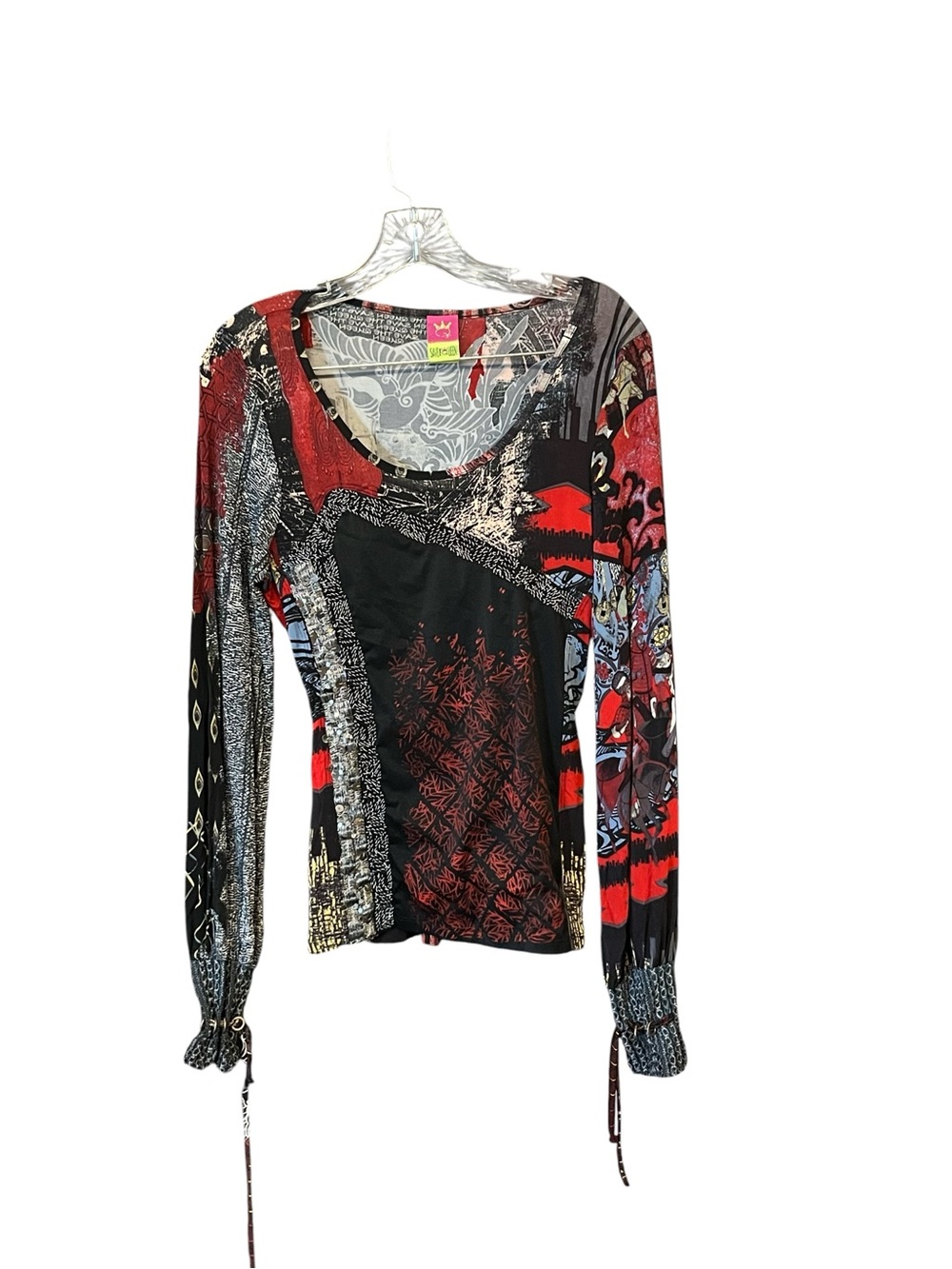 Save the Queen Italy Patchwork Artwear Blouse L Red Black Y2K Avant Garde